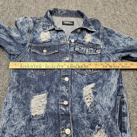 Thrill Jeans Denim Jacket Dress Medium Distressed Destroyed Button Front Frayed - Picture 8 of 10